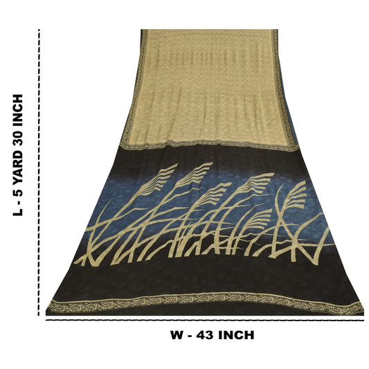 Sanskriti Vintage Sarees Cream Indian Pure Silk Printed Sari 5+yd Craft Fabric