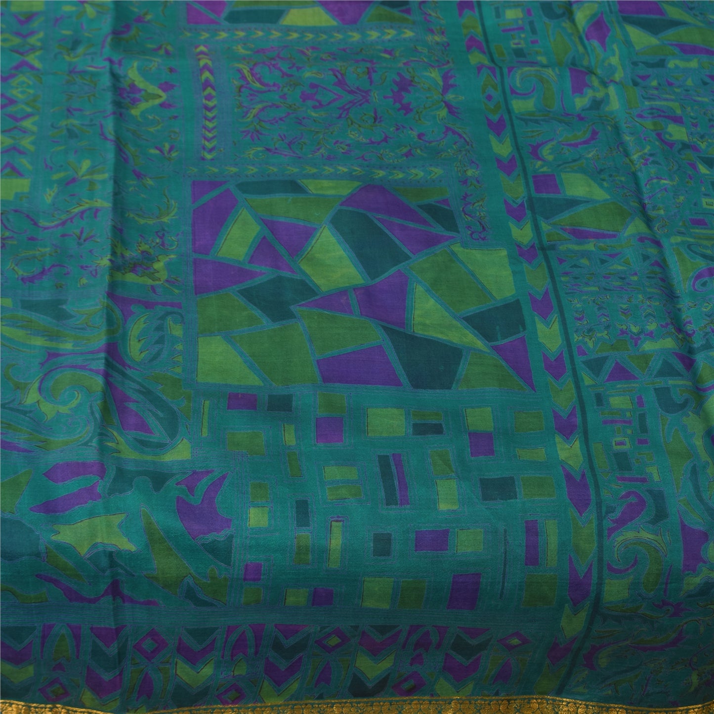 Sanskriti Vintage Sarees Blue Zari Border Pure Silk Print Sari 6yd Craft Fabric