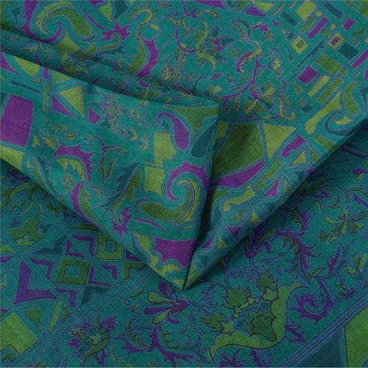 Sanskriti Vintage Sarees Blue Zari Border Pure Silk Print Sari 6yd Craft Fabric