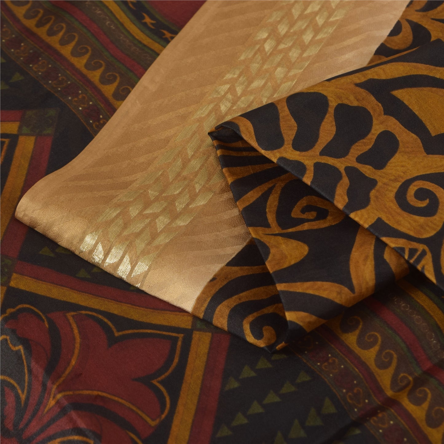 Sanskriti Vintage Sarees Black & Brown Pure Silk Printed Sari 5+yd Craft Fabric