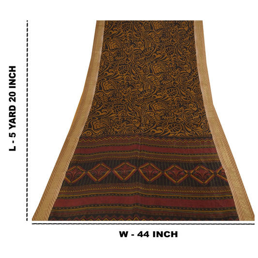 Sanskriti Vintage Sarees Black & Brown Pure Silk Printed Sari 5+yd Craft Fabric