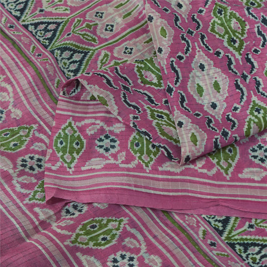 Sanskriti Vintage Sarees Pink Pure Silk Printed Woven Sari 5+yd Craft Fabric