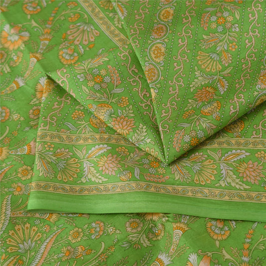 Sanskriti Vintage Sarees Green Indian Pure Silk Printed Sari 6+yd Craft Fabric