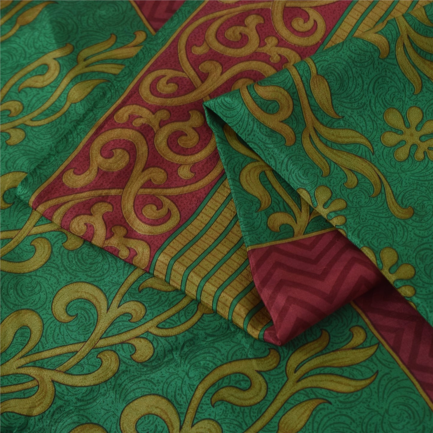 Sanskriti Vintage Sarees Green Indian Pure Silk Printed Sari 5+yd Craft Fabric