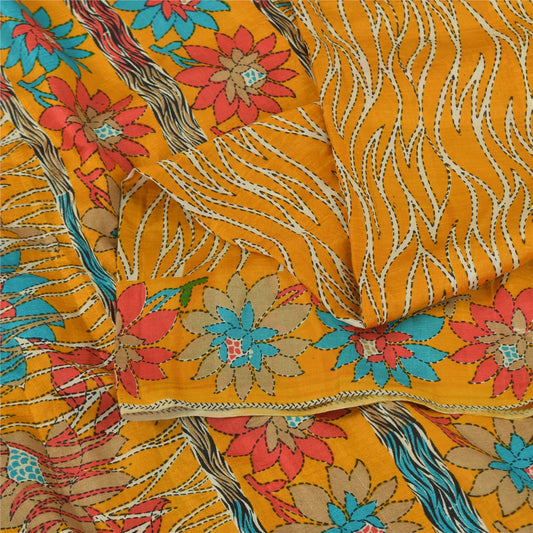 Sanskriti Vintage Sarees Yellow Indian Pure Silk Printed Sari 5+yd Craft Fabric