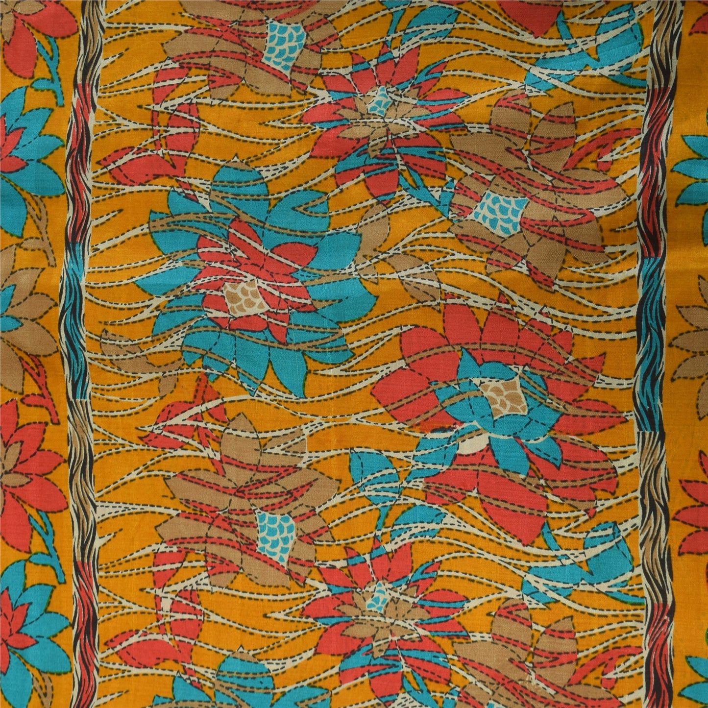 Sanskriti Vintage Sarees Yellow Indian Pure Silk Printed Sari 5+yd Craft Fabric