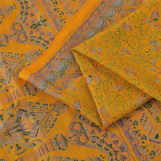 Sanskriti Vintage Sarees Yellow Indian Pure Silk Printed Sari 5+yd Craft Fabric