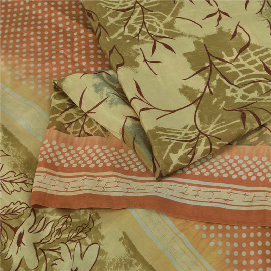 Sanskriti Vintage Sarees Cream 100% Pure Silk Printed Sari 5+yd Craft Fabric