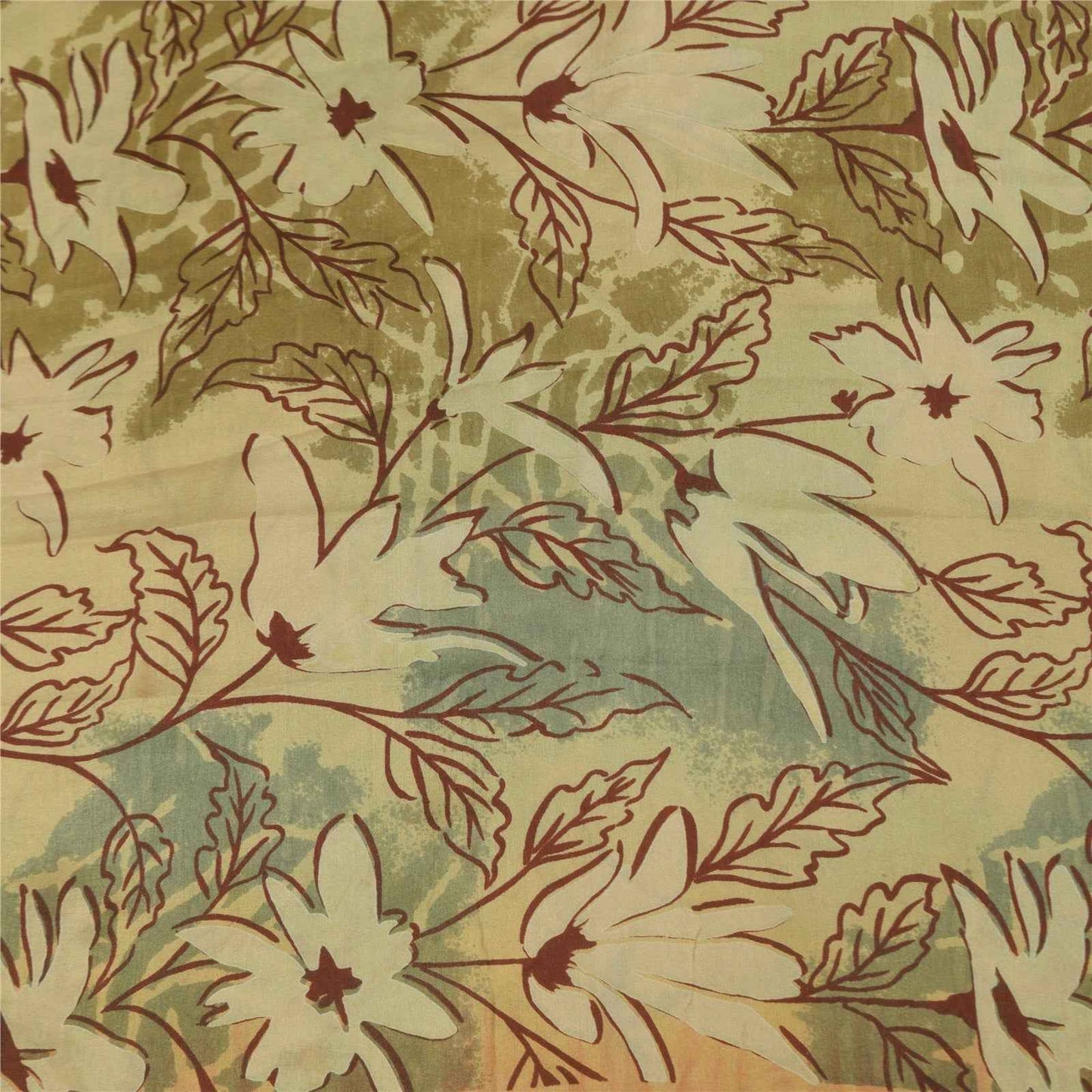 Sanskriti Vintage Sarees Cream 100% Pure Silk Printed Sari 5+yd Craft Fabric