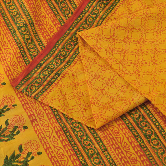 Sanskriti Vintage Sarees Yellow Indian Pure Silk Printed Sari 5+yd Craft Fabric