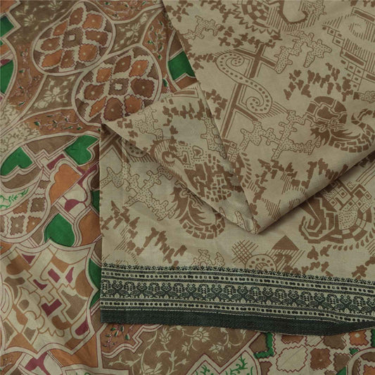 Sanskriti Vintage Sarees Pale Cream Pure Silk Printed Sari 6+yd Craft Fabric