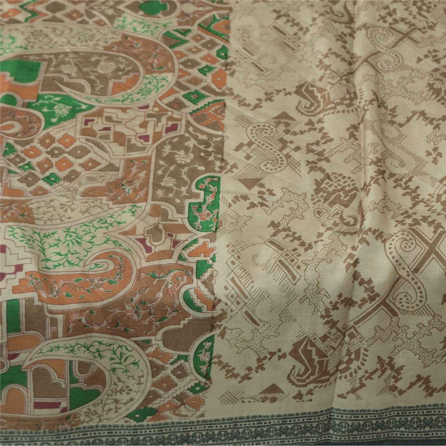 Sanskriti Vintage Sarees Pale Cream Pure Silk Printed Sari 6+yd Craft Fabric