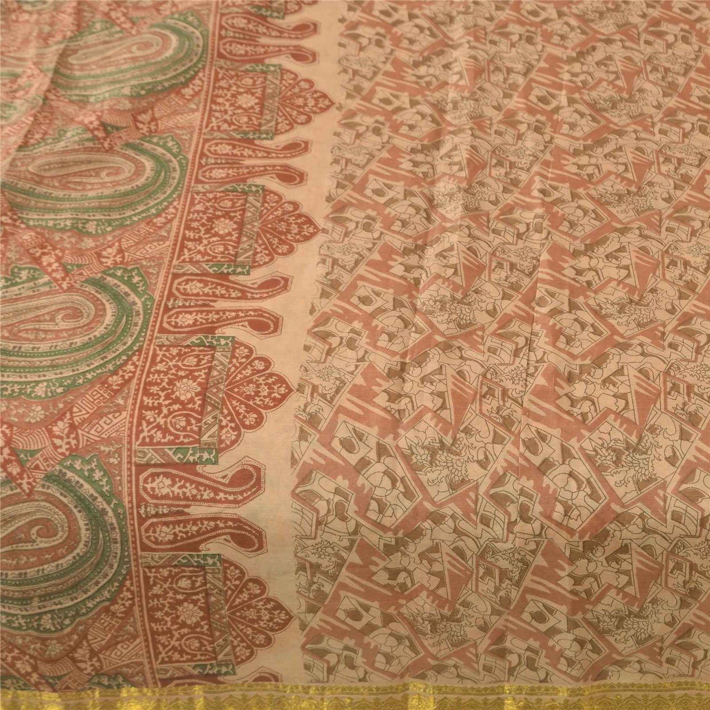 Sanskriti Vintage Sarees Peach Pure Silk Zari Border Printed Sari 5+yd Fabric