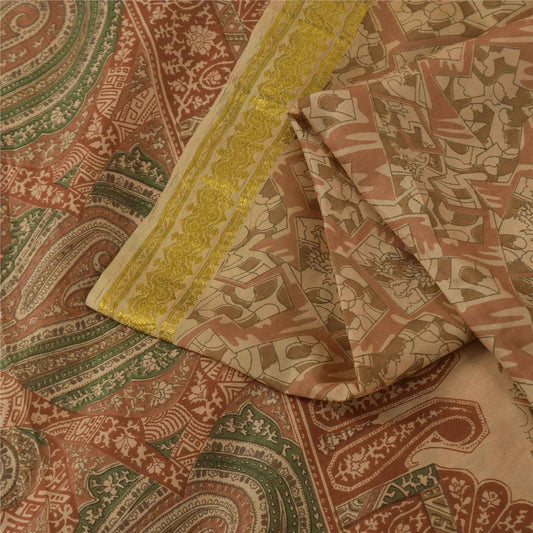 Sanskriti Vintage Sarees Peach Pure Silk Zari Border Printed Sari 5+yd Fabric