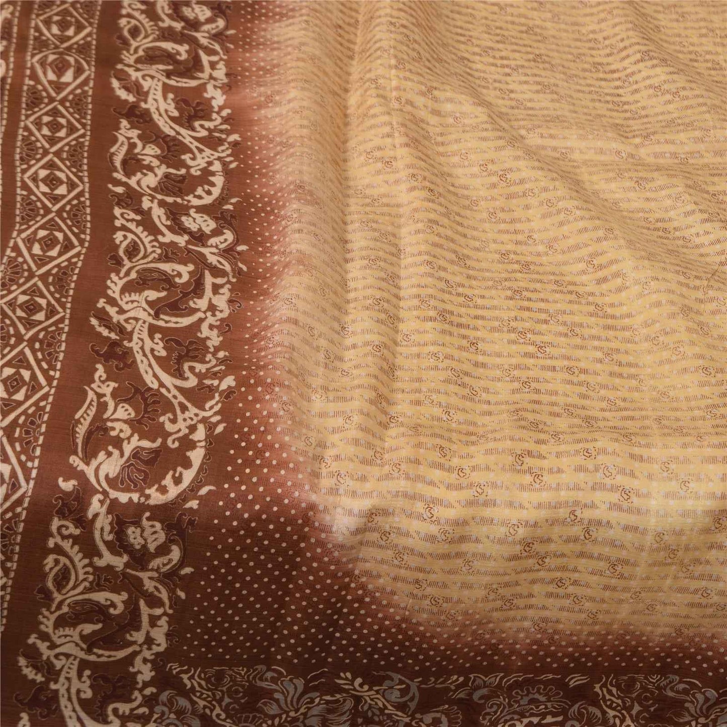 Sanskriti Vintage Sarees Peach & Brown Pure Silk Printed Sari 5+yd Craft Fabric