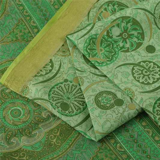 Sanskriti Vintage Sarees Green Zari Border Pure Silk Printed Sari 5+yd Fabric