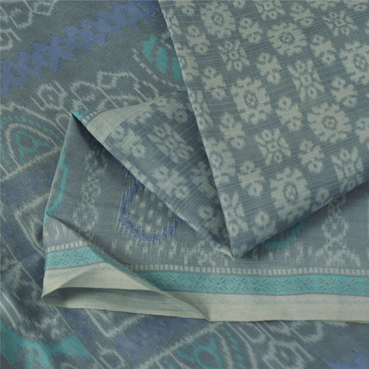 Sanskriti Vintage Sarees Grayish Blue Pure Silk Printed Sari 5+yd Craft Fabric