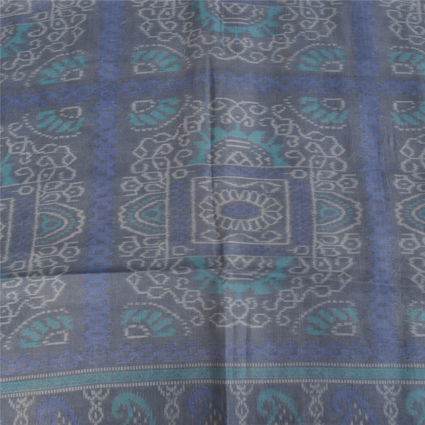 Sanskriti Vintage Sarees Grayish Blue Pure Silk Printed Sari 5+yd Craft Fabric