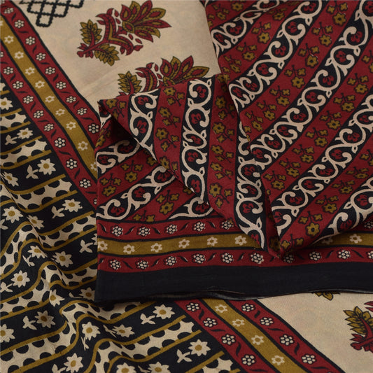 Sanskriti Vintage Sarees Red Indian Pure Silk Printed Sari 6+yd Craft Fabric