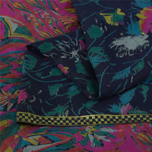 Sanskriti Vintage Sarees Blå Ren Silke Trykt Vævet Sari 5+ yard Håndværksstof