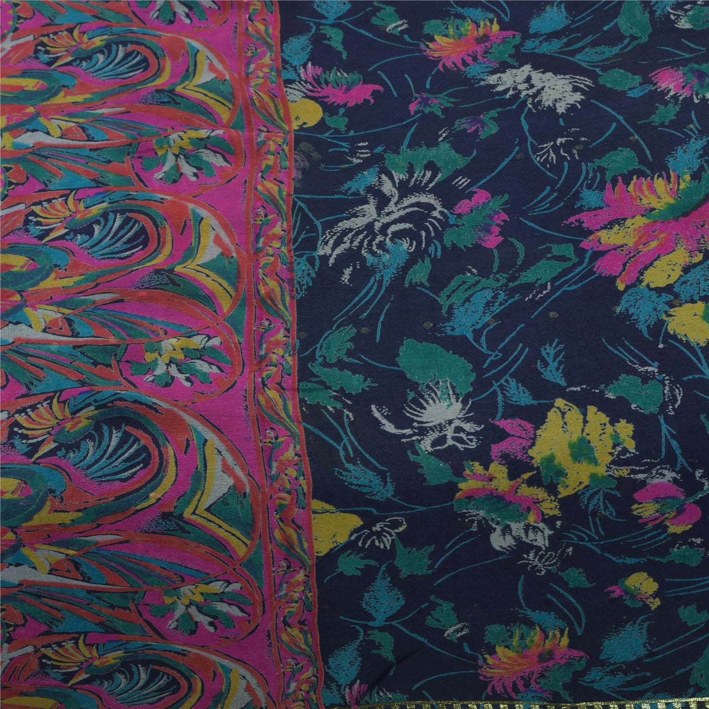 Sanskriti Vintage Sarees Blue Pure Silk Printed Woven Sari 5+yd Craft Fabric