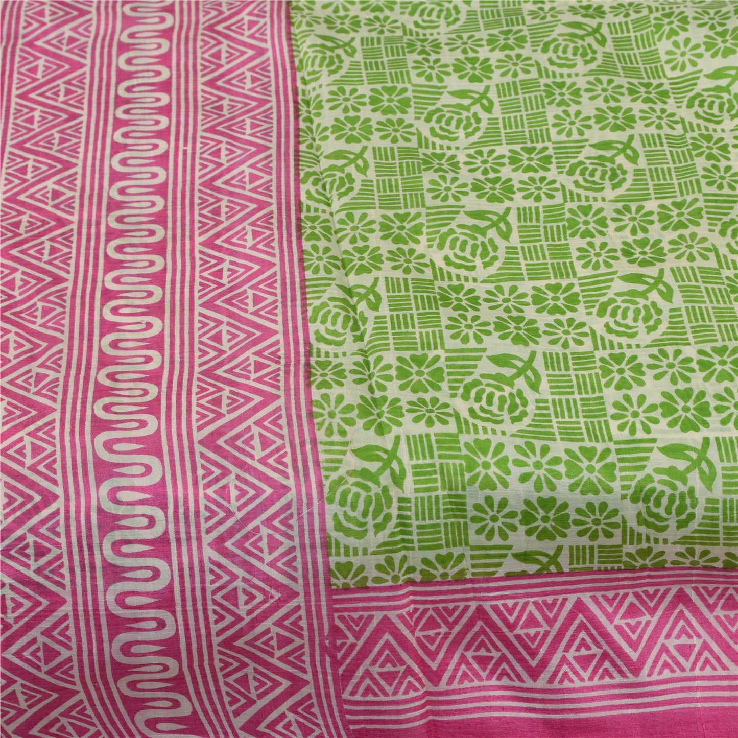 Sanskriti Vintage Sarees Green & Pink Pure Silk Printed Sari 5+yd Craft Fabric