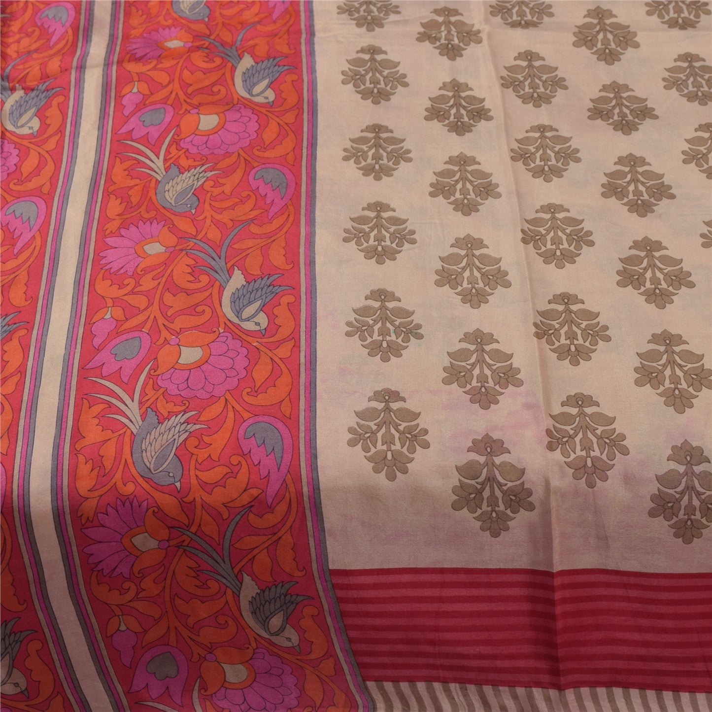 Sanskriti Vintage Sarees Ivory Pure Silk Bird Printed Sari 5+yd Craft Fabric