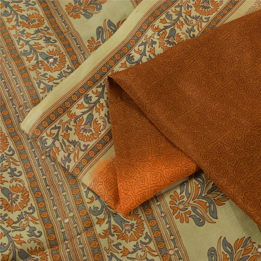 Sanskriti Vintage Sarees Brown Pure Silk Floral Printed Sari 5+yd Craft Fabric