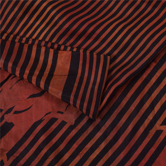 Sanskriti Vintage Sarees Red & Black Pure Silk Printed Sari 5+yd Craft Fabric