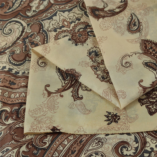 Sanskriti Vintage Sarees Ivory & Brown Pure Silk Printed Sari 5+yd Craft Fabric