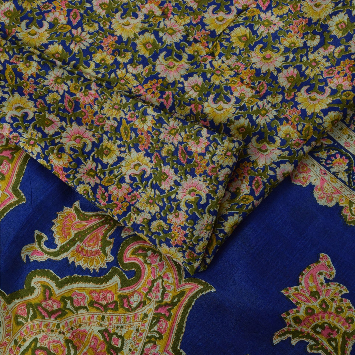 Sanskriti Vintage Sarees Blue Indian Pure Silk Printed Sari 5+yd Craft Fabric