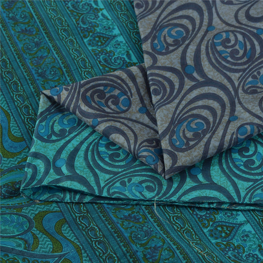 Sanskriti Vintage Sarees Blue Indian Pure Silk Printed Sari 5+yd Craft Fabric