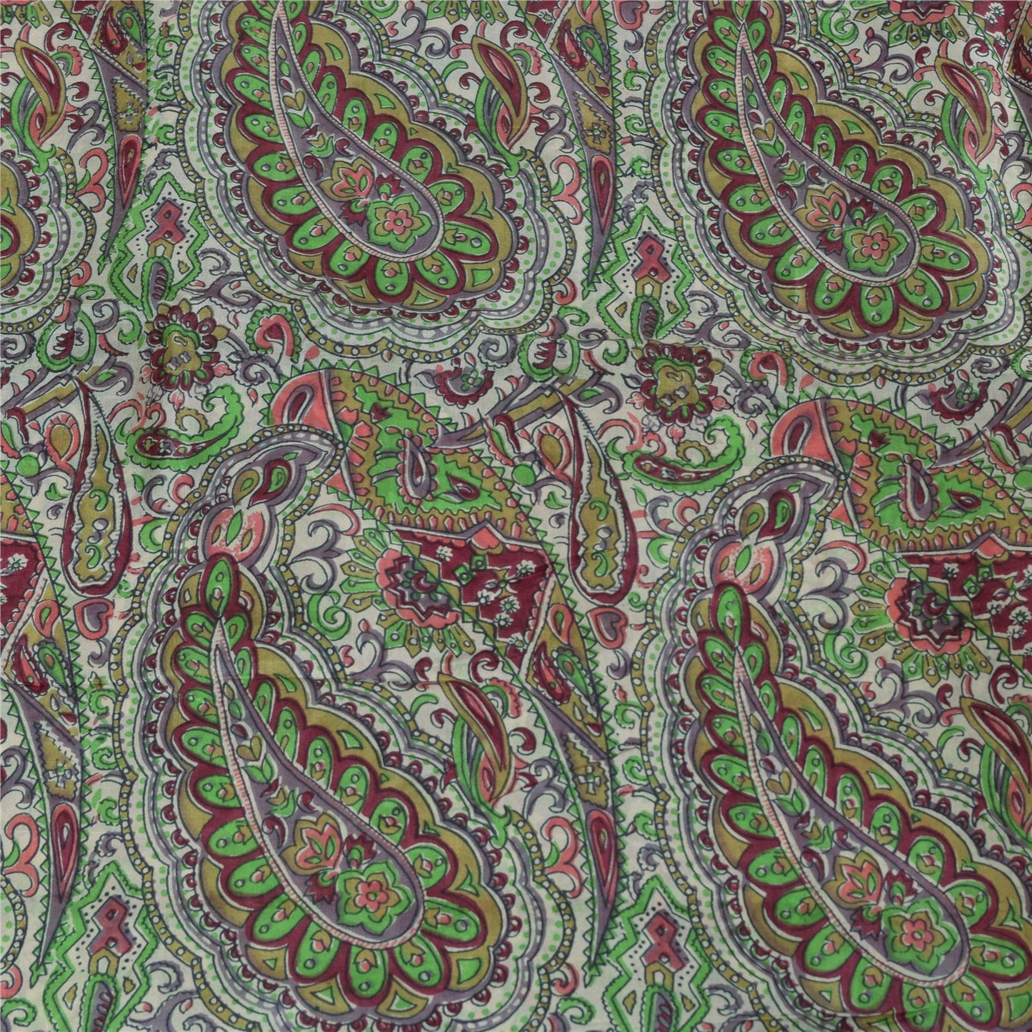 Sanskriti Vintage Sarees Ivory 100% Pure Silk Printed Sari 6yd Craft Fabric