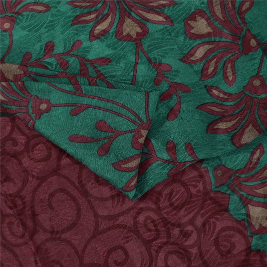 Sanskriti Vintage Sarees Green & Purple Pure Silk Printed Sari 5+yd Craft Fabric