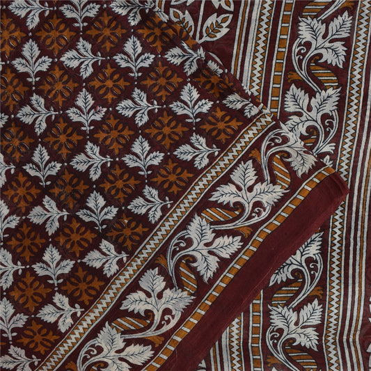 Sanskriti Vintage Sarees Brown Indian Pure Silk Printed Sari 6+yd Craft Fabric