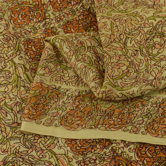 Sanskriti Vintage Sarees Beige Indian Pure Silk Printed Sari 6+yd Craft Fabric