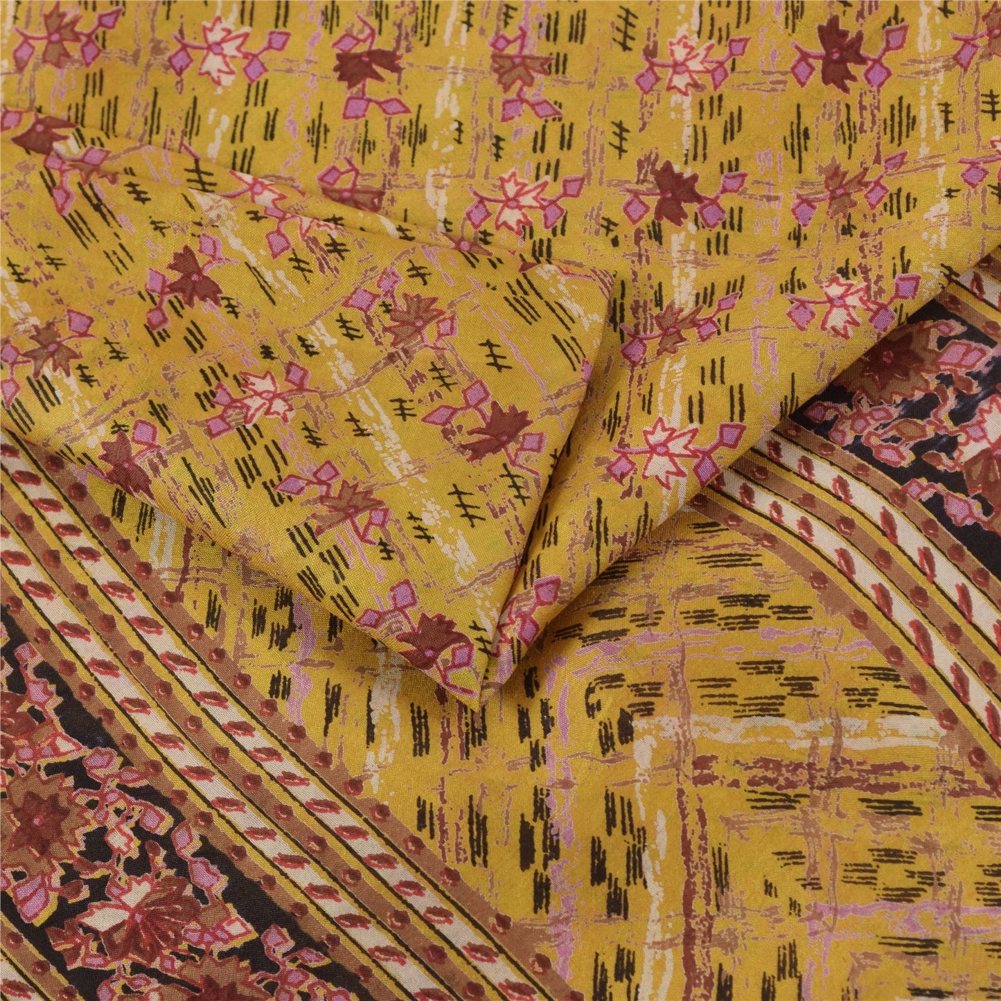 Sanskriti Vintage Sarees Gul 100% Ren Silke Trykt Sari 5+ yard Håndværksstof