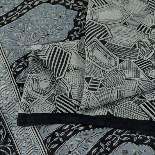 Sanskriti Vintage Sarees Gray Indian Pure Silk Printed Sari 6+yd Craft Fabric