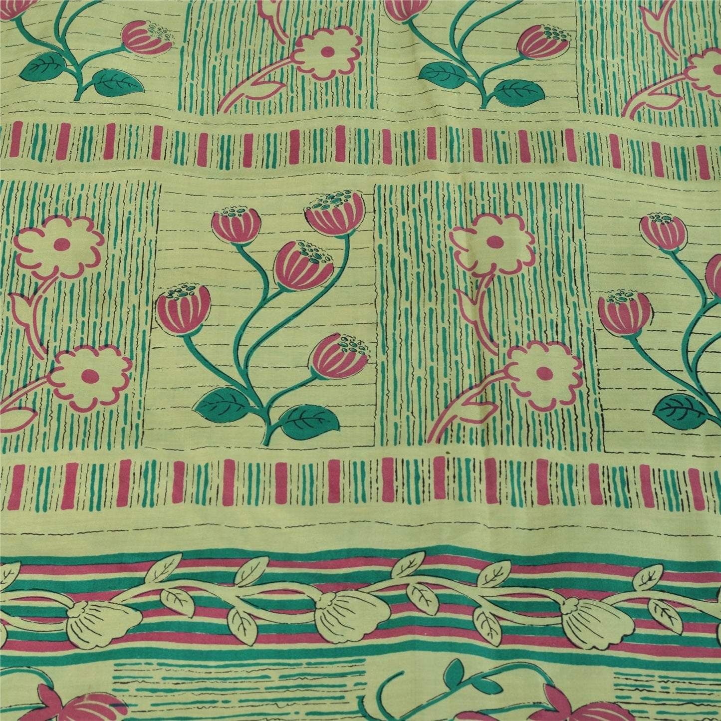 Sanskriti Vintage Sarees Green Zari Border Pure Silk Print Sari 6yd Craft Fabric