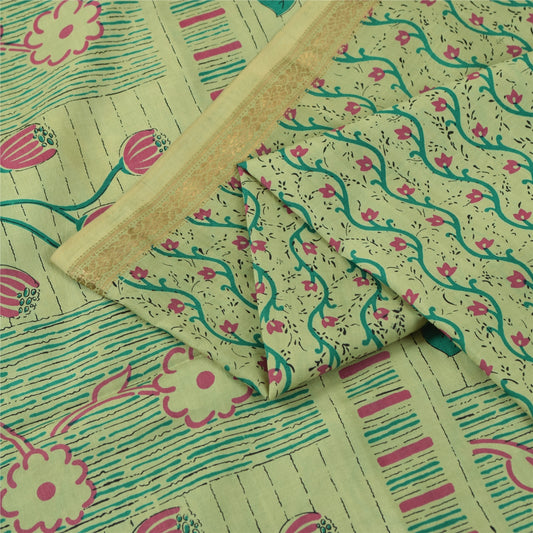 Sanskriti Vintage Sarees Green Zari Border Pure Silk Print Sari 6yd Craft Fabric