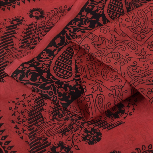 Sanskriti Vintage Sarees Blush Pink Pure Silk Peacock Printed Sari 5+yd Fabric