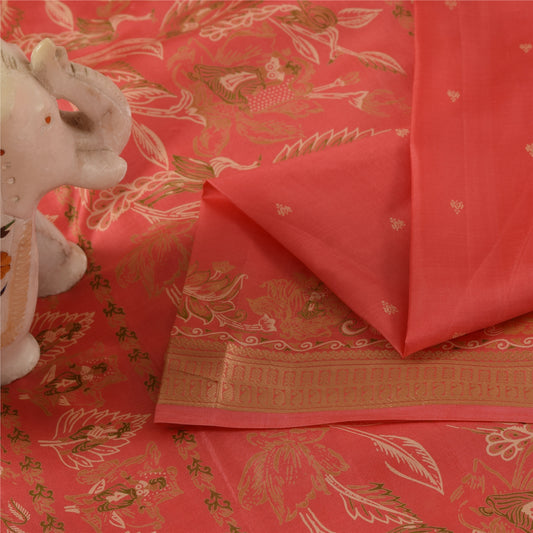 Sanskriti Vintage Sarees Coral Pink 100%Pure Silk Printed Sari 5+yd Craft Fabric