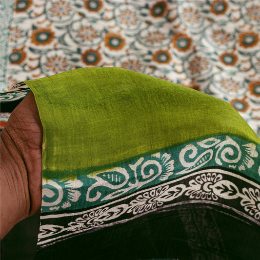 Sanskriti Vintage Sarees Ivory Pure Silk Floral Printed Sari 5+yd Craft Fabric