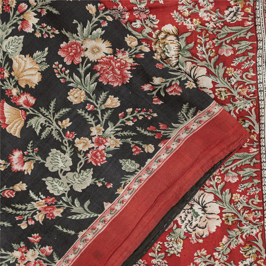 Sanskriti Vintage Sarees Black 100% Pure Silk Printed Sari 5+yd SoftCraft Fabric