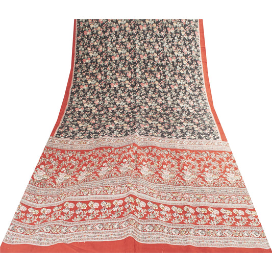 Sanskriti Vintage Sarees Black 100% Pure Silk Printed Sari 5+yd SoftCraft Fabric