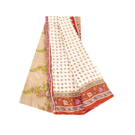 Sanskriti Vintage Sarees Ivory Indian Pure Silk Printed Sari 5+yd Craft Fabric