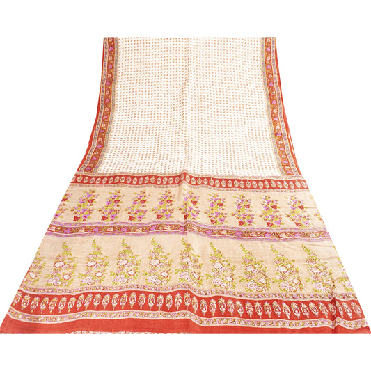 Sanskriti Vintage Sarees Ivory Indian Pure Silk Printed Sari 5+yd Craft Fabric