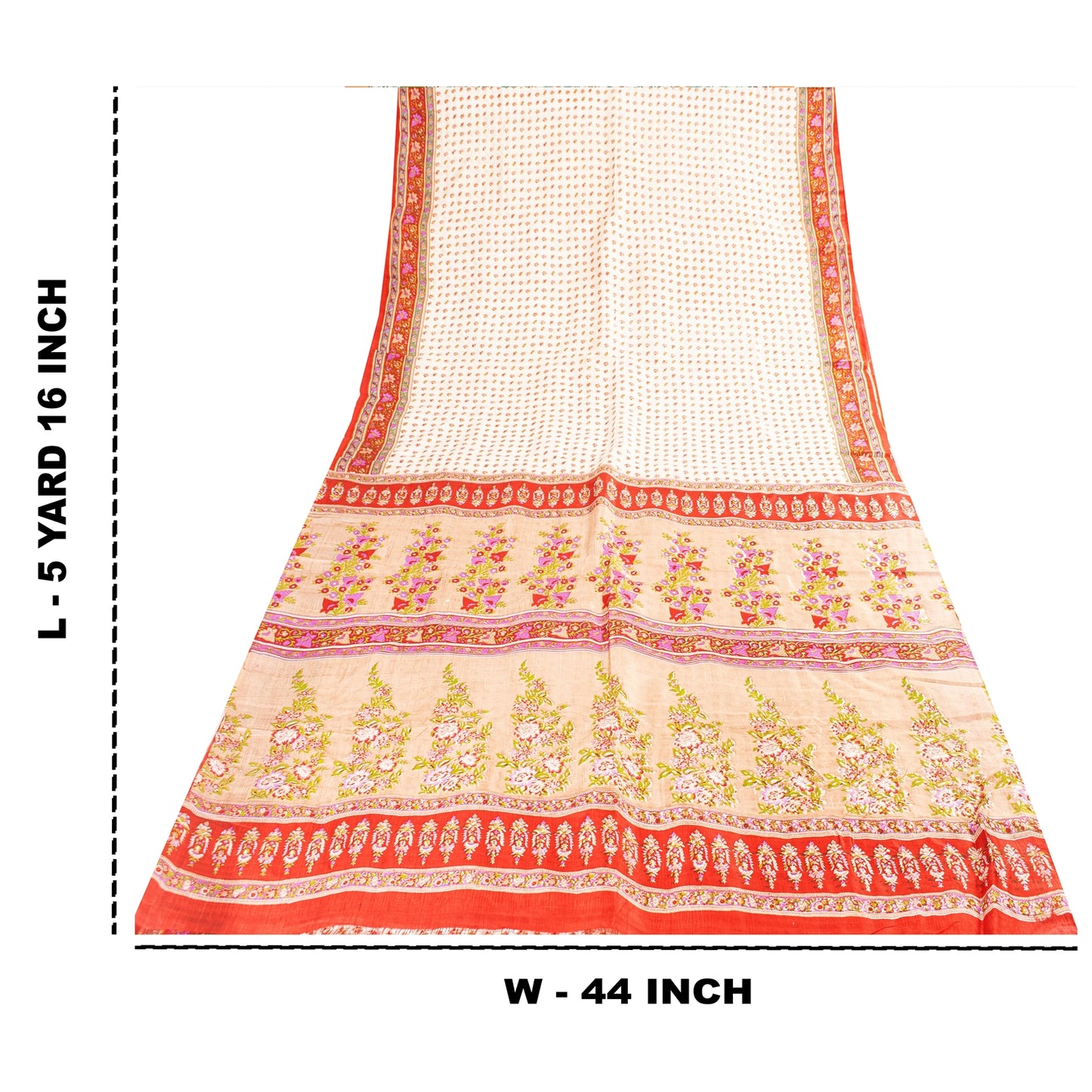 Sanskriti Vintage Sarees Ivory Indian Pure Silk Printed Sari 5+yd Craft Fabric