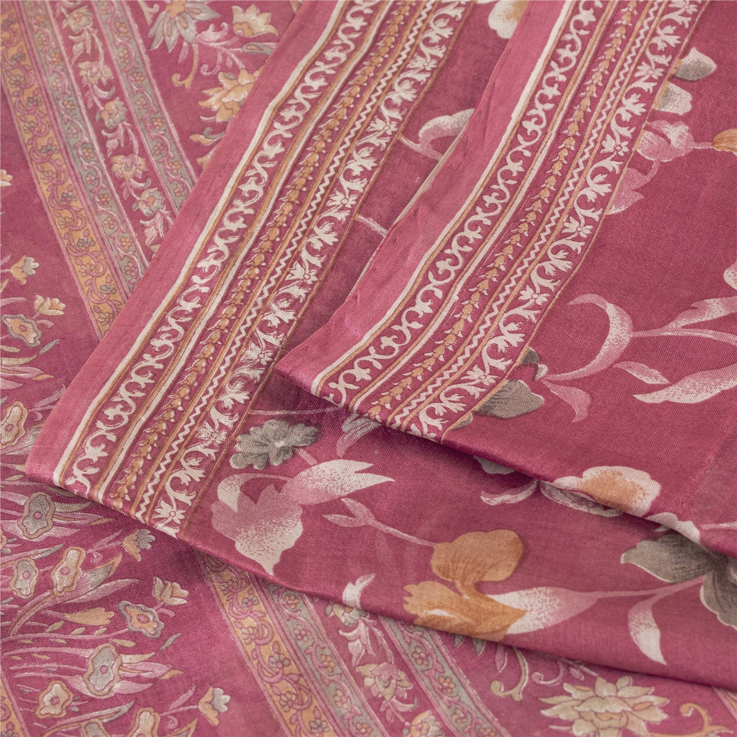 Sanskriti Vintage Sarees Pink Pure Silk Floral Printed Sari 5+yd Craft Fabric