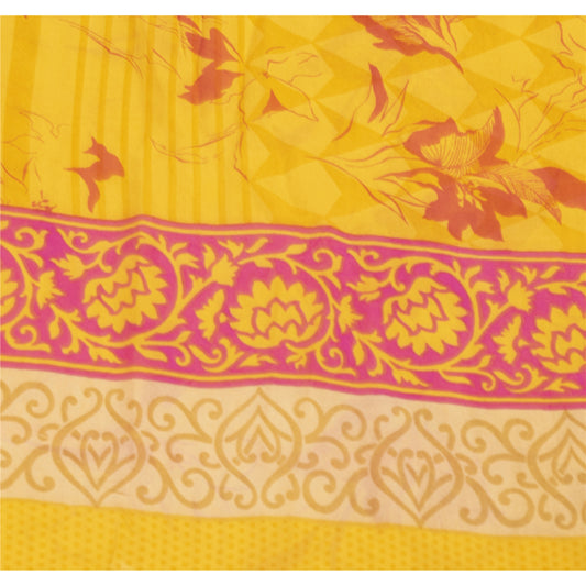 Sanskriti Vintage Sarees Yellow Pure Silk Floral Printed Sari 5+yd Craft Fabric